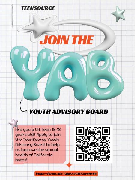 flier to apply to the youth advisory board in blue and red colors. includes a qr code to scan